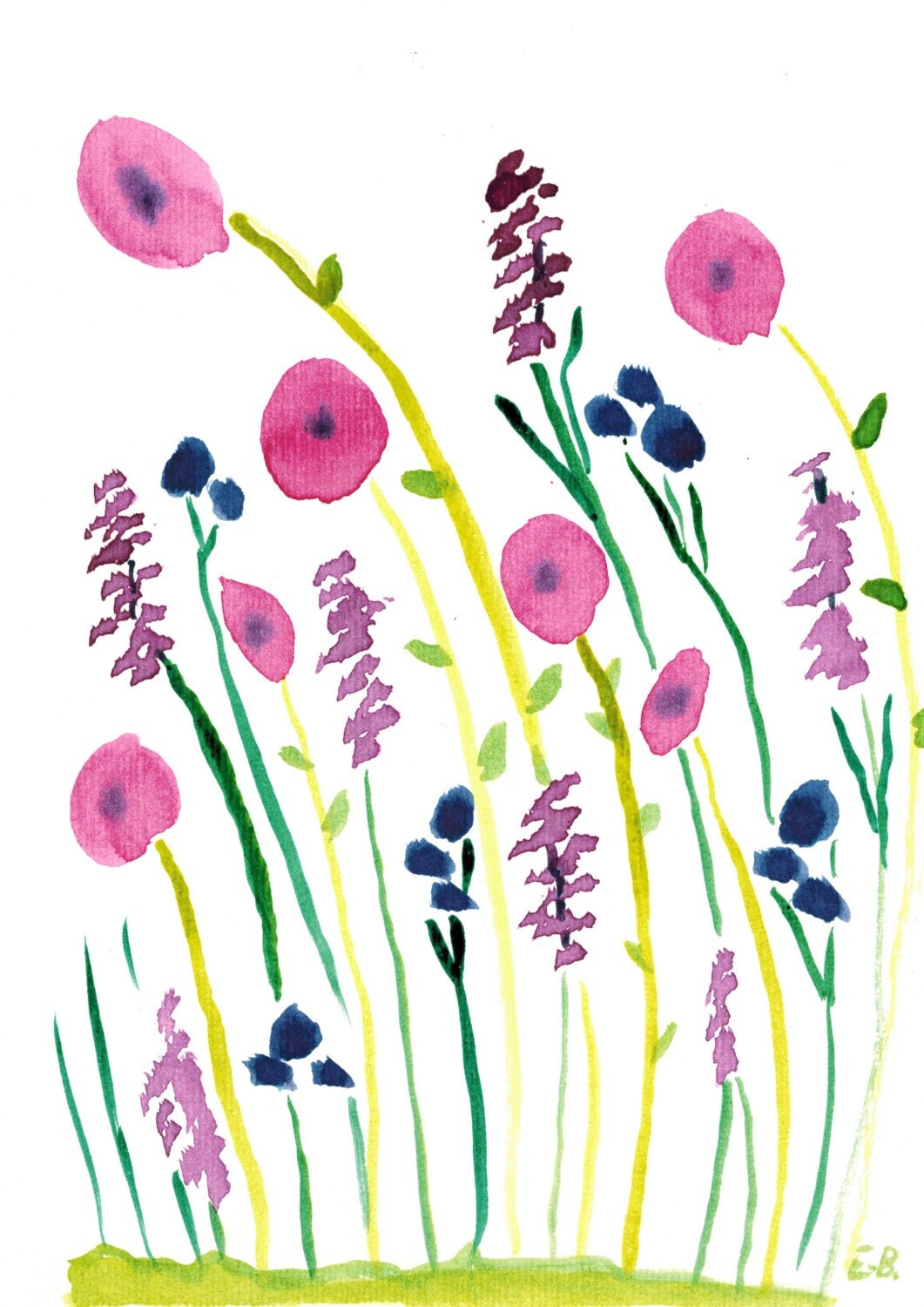 Wildflowers Violet Watercolor Original Art Purple and Fuschia