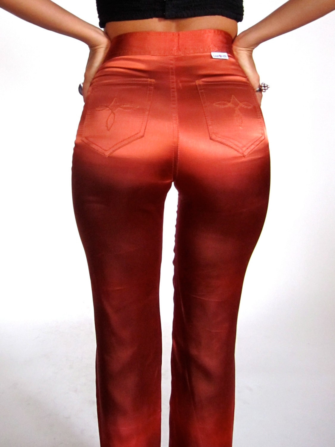 Vintage 70 High Waist Copper Rust Shiny Satin Disco Pants