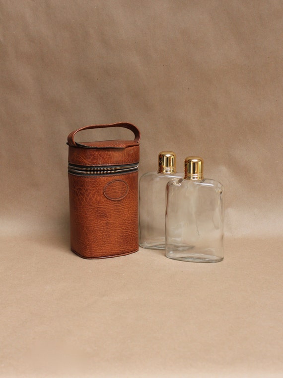 Vintage Glass Flasks Set of Two with Faux Leather Carrying