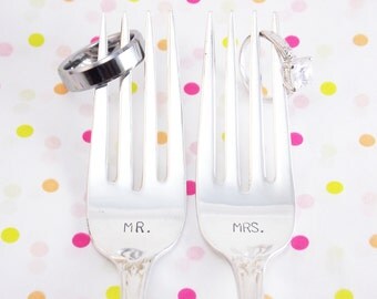Mr. / Mrs. Fork Set - Hand Stamped Vintage Silverware, wedding forks, wedding silverware