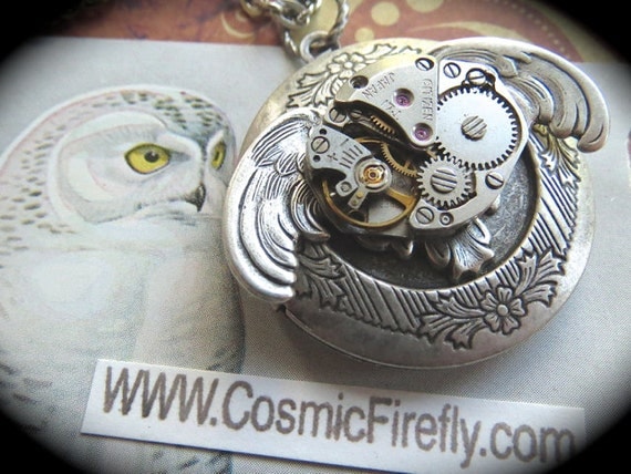 Steampunk Locket Necklace Antiqued Silver Owl Locket Gothic Owl Necklace Vintage Watch Movement Steampunk Necklace Handcrafted Necklace New by CosmicFirefly steampunk buy now online