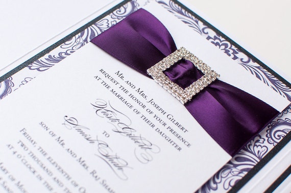 Bling & Satin Wedding Invitation in Luxe Purple and Black Set