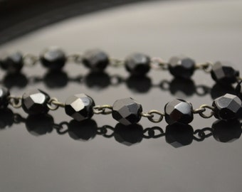 Rosary Chain - 6mm Black Jet Beads on Black Brass Links - Czech Jet Bead Chain - 3 Feet