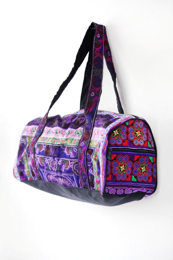 Bright Purple Duffel Bag HMONG Embroidered Fabric by ThaiHandbags
