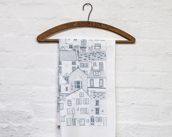 Coastal Cottages tea towel - kitchen textiles designed in Yorkshire and printed in the UK - Jessica Hogarth - patterned dishcloth