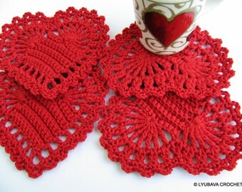 Crochet PATTERN Red Heart Coasters, DIY Crochet Gifts, Valentine's Day, Christmas Decor, Instant Download PDF Pattern No.38 Lyubava Crochet