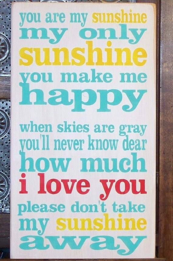 YOU are my SUNSHINE -I Love You in Red - Hand-painted on wood - Typography - Subway art - wooden sign - red - yellow - turquoise
