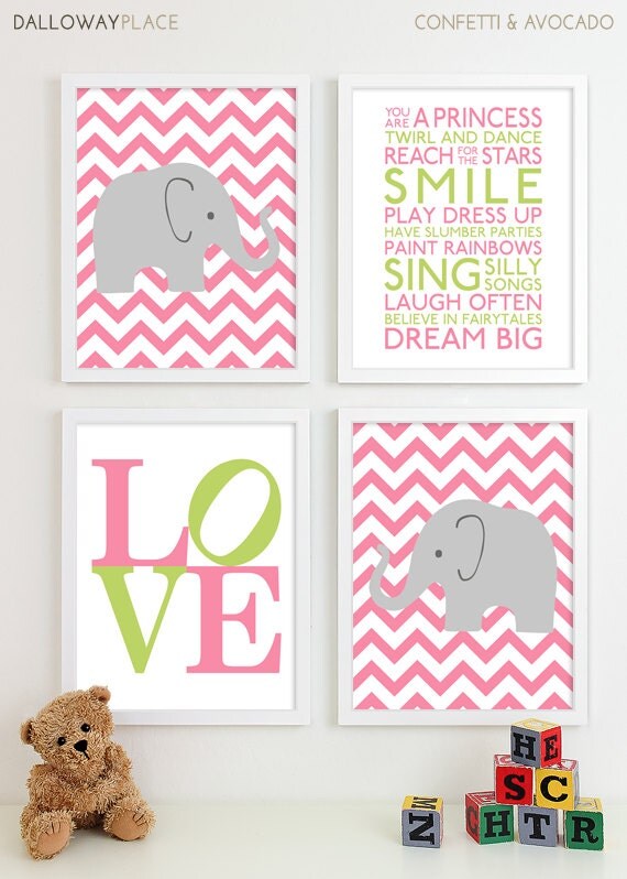 Items similar to Baby Girl Nursery Art Prints Chevron Elephant Playroom