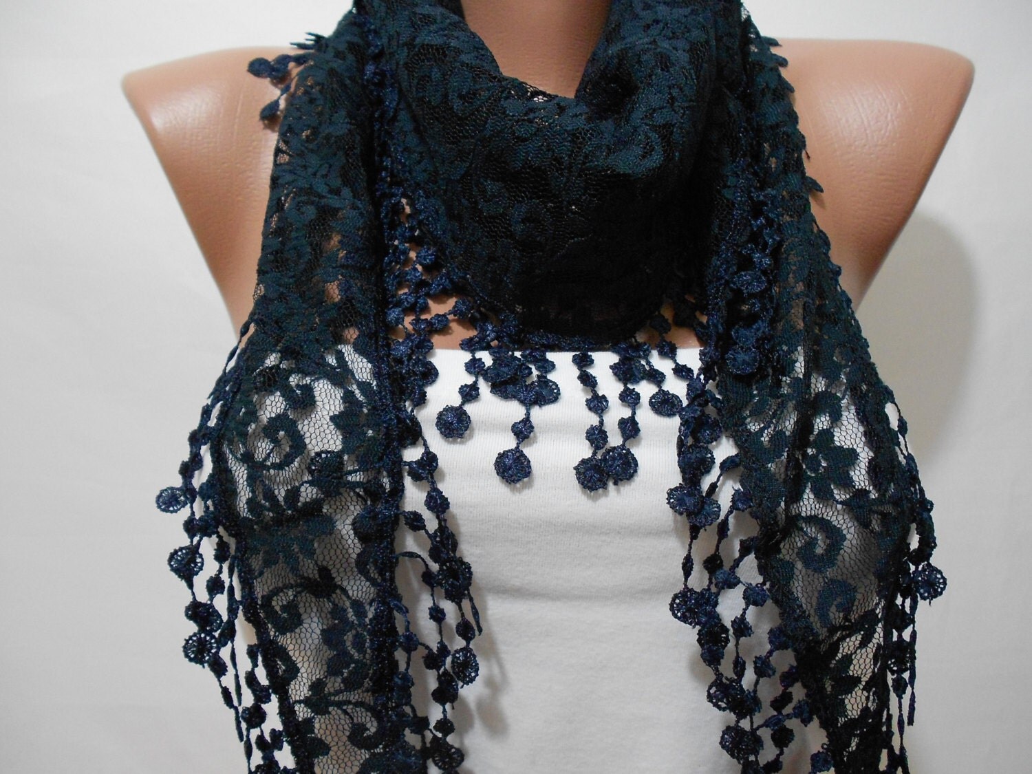 Navy Blue Lace Scarf Shawl Bridal Accessories Cowl by