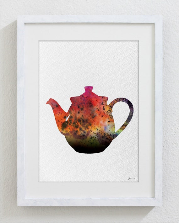 Teapot Art Watercolor Painting 5x7 Archival Print Orange