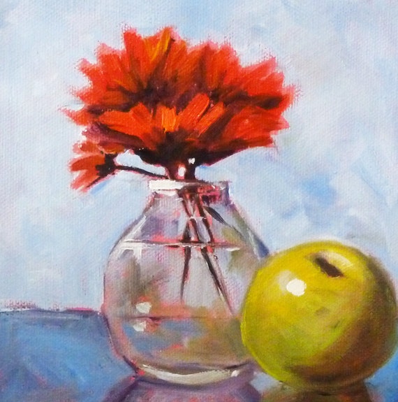 Red Still Life Oil Painting Flowers and Fruit Green Apple