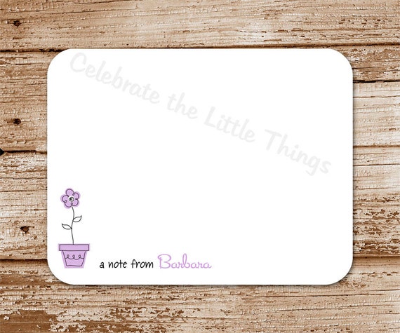 Set of 12 / Flower Flat Note Cards / Personalized Stationery / Thank You Cards / Flowerpot (Pink or Lavender) Il_570xn