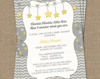 Twinkle, Twinkle Little Star baby shower invite, yellow and gray, how i wonder what you are, Gender Neutral digital, printable file