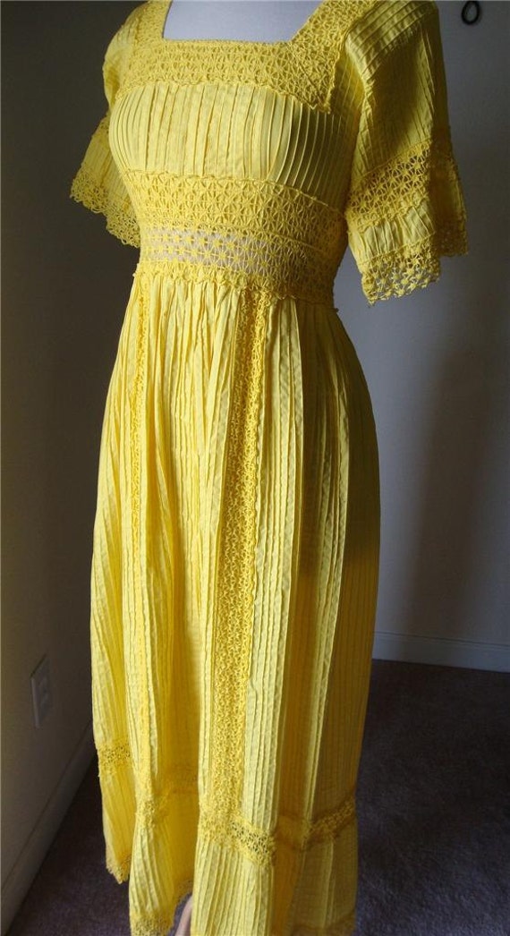 Vtg Mexican Wedding Dress Yellow Maxi Pin Tuck Crochet Lace Bell ...