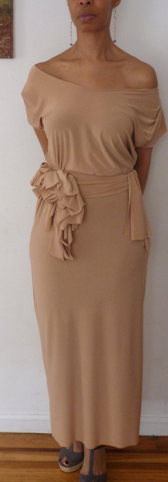 Caramel color long jersey dress with ruffle belt wide neck