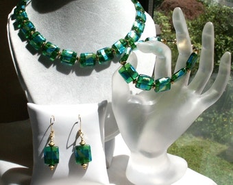 Three Piece Parure Green and Blue Foiled Lampwork Glass and Gold Plated Pewter Beads