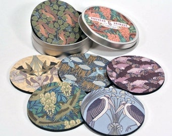 Nouveau Animaux art coaster set birds bat crane squirrel 6 six coasters in matching tin Gifts Under 20 gifts for art lovers arts and crafts