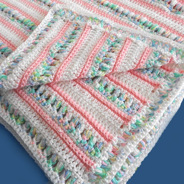 Crocheted Baby Afghan Pink and White Stripes Reversible