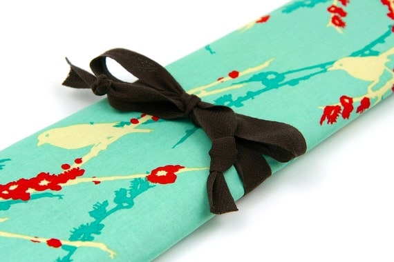 Large Knitting Needle Case - Sparrows on Aqua - 30 brown pockets for straights, circular, double pointed or paint brushes