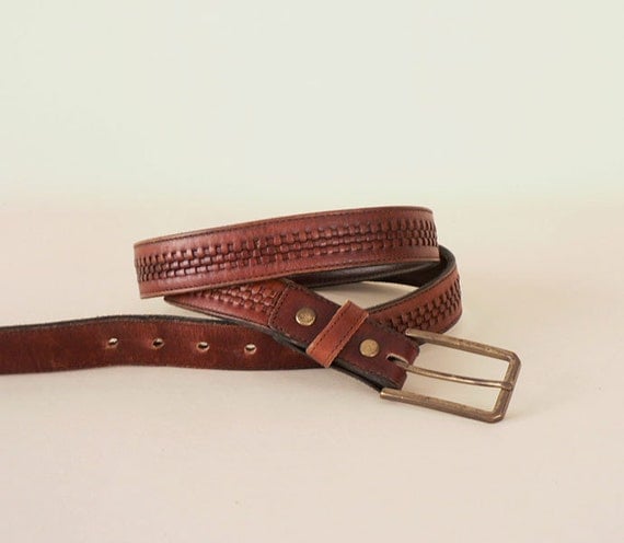 Men's Vintage Brown Skinny Leather Belt Size 34