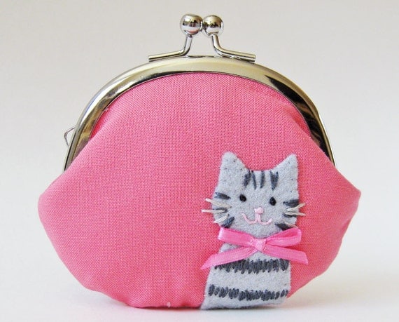 Cat coin purse gray tabby kitty on coral pink by oktak on Etsy