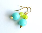 Lime, Blue Jade Earrings, Neon Green Sky Blue Neon Dangle Earrings, Gold Vermeil, Colorful Jewelry