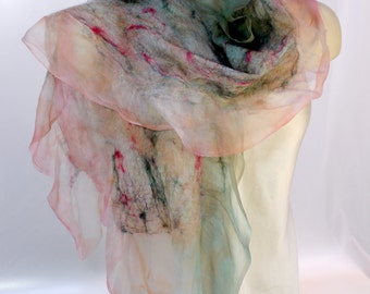 Felt Scarf-Shawl sheer cashmere-soft merino wrap on painted silk - Pink and Mint