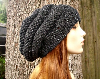 Knit Hat Womens Hat - Oversized Beehive Beret Hat in Constellation Metallic Charcoal Grey Knit Hat - Grey Hat Grey Beret Womens Accessories