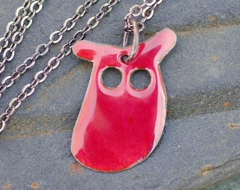 Enamel Owl Pendant, Necklace, Copper, Enameled Jewelry - Bright Pink