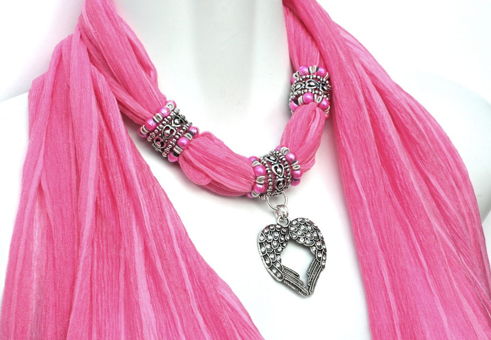 Beaded Scarf With Charms Pendant Scarves Pink Scarf Necklace