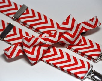 Men's Bow Tie and Suspenders Red and White Chevron