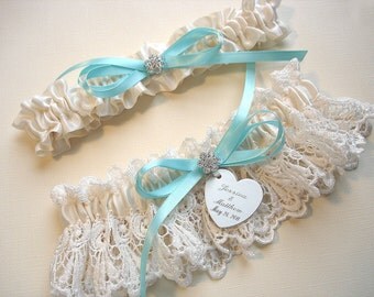 Garters, Aqua / Robin's Egg Blue Personalized Wedding Garter Set in Ivory Venice Lace with Engraving, a Bow and Rhinestones
