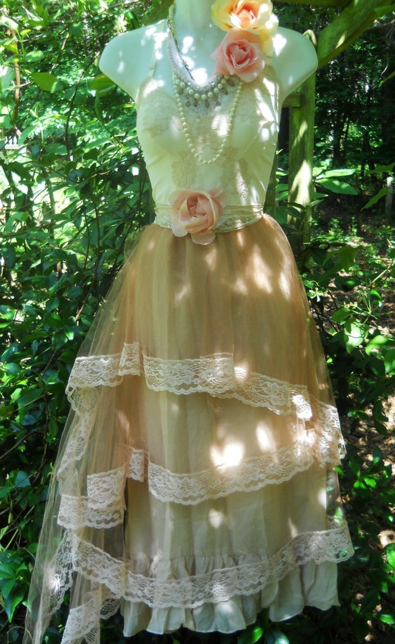 Tea lace dress tea stained tulle vintage wedding bridesmaid