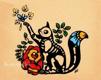 Day of the Dead CAT Dia de los Muertos Print 8 x 10 or 11 x 14 - Donation to Austin Pets Alive - Customize