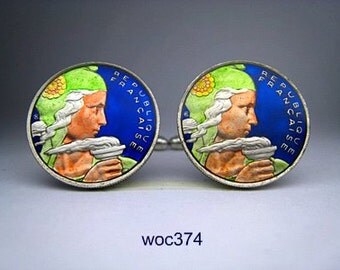 France enamelled coin cufflinks 100 franc Art Deco 24mm