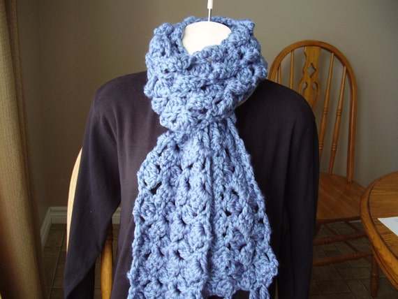 Crochet Super Bulky Cottage Blue Long Scarf