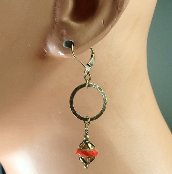 Bohemian Style Red Earrings with Brass Hoops