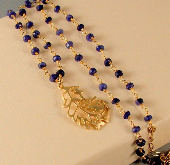 SAPPHIRE Rosary Necklace, Gold Leaf Pendant, Nature, Natural, Gold Vermeil, Navy Blue, Wire Wrapped