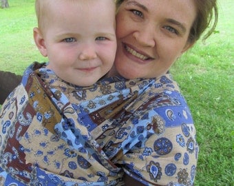 Gauze Baby Wrap Carrier - Periwinkle chocolate Patchwork - DVD included, cotton gauze, neutral colorway, shower gift, summer babywearing