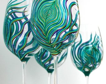 Peacock Feather Wine Glasses - Hand Painted Wine Glasses Set of 4 Peacock Glasses