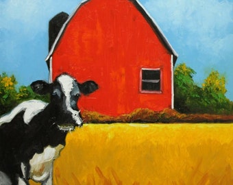 Cow and Barn painting 9 30x30 inch original animal farm portrait oil painting by Roz