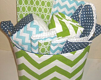 Deluxe Green Chevron Stripe Baby Gift Basket--- Burp Cloth Set of 2, Bib, Changing Pad, Rattle Block, Wash Cloth Set of 4, Fabric Basket