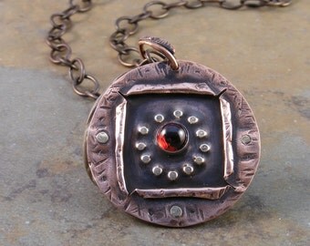 Hand Riveted Garnet and Copper Necklace
