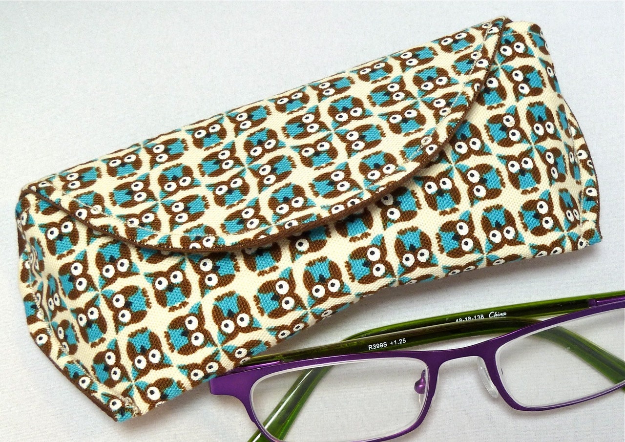 Eyeglass Case with Closure in Brown Turquoise Owls