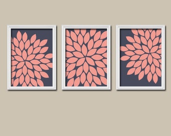 Wall Art Canvas Artwork Navy Coral Pink Flower Burst Dahlia Bloom Set ...