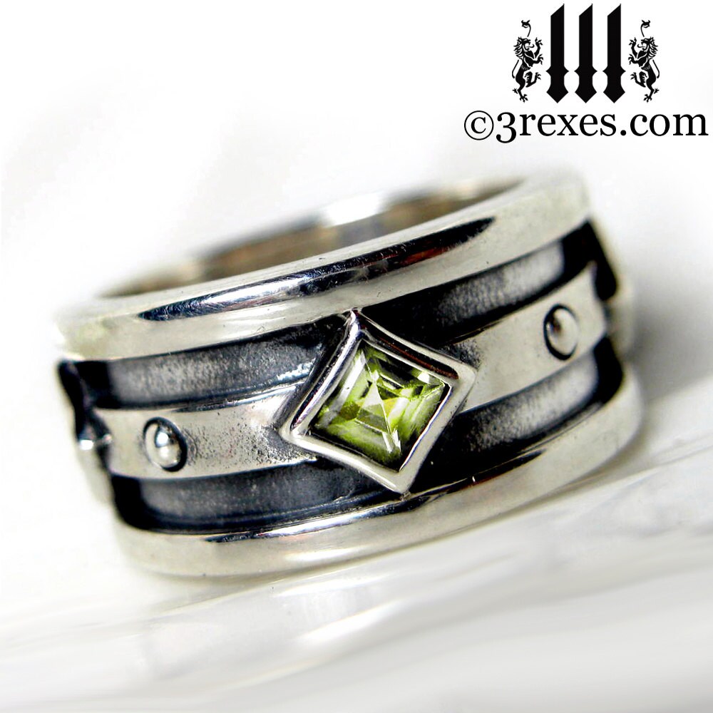 Mens Silver Wedding Ring Green Peridot Stone Moorish Gothic