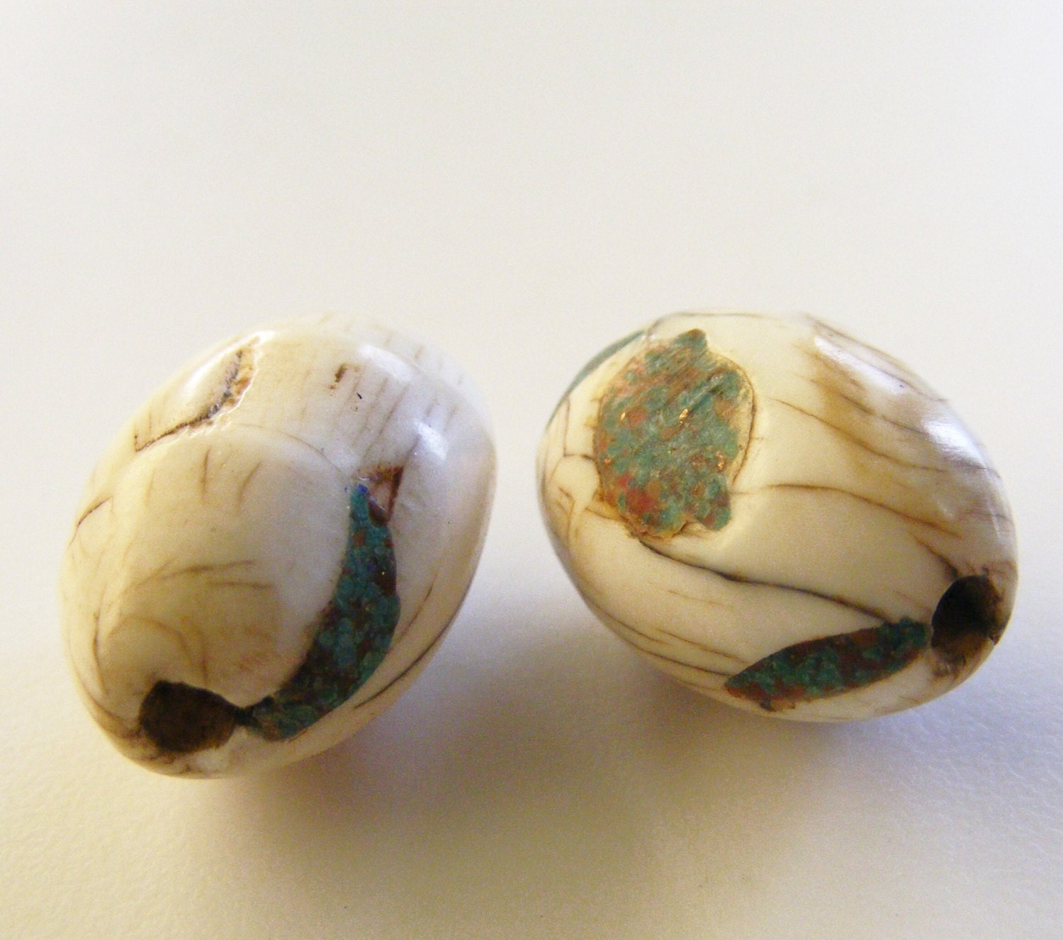 2 CONCH SHELL beads from Nepal with TURQUOISE and Coral inlay