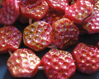 Vintage Glass Beads (6) German Raspberry AB Crater Beads