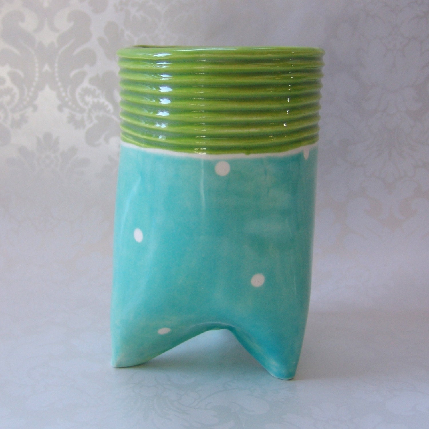 ceramic cup utensil holder vase turquoise lime kitchen