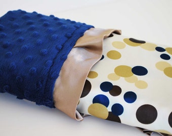 BINKEN BABY mini BLANKET .... Polka dot satin print with royal blue minky dimples and matching satin trim.....Elegant baby blanket